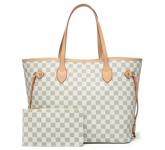Sexy Dance White Checkered Tote Shoulder Bag With Inner Pouch,Checkered Cossbody Bag,Checkered Waist Bag,PU Vegan Leather Wallet,Waterproof Makeup Cosmetic Bag,Fashion Womens Satchel Purse Handbag