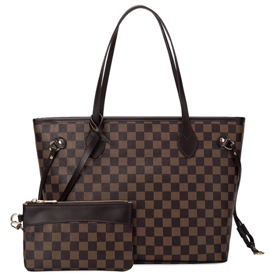 Sexy Dance Womens Brown Checkered Tote Shoulder Bag Purse With Inner Pouch - PU Vegan Leather Shoulder Satchel Fashion Bags