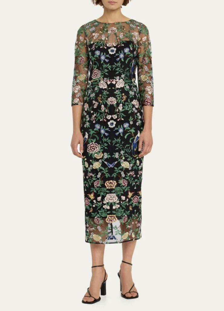MARCHESA NOTTE
Floral-Embroidered Illusion Midi Dress