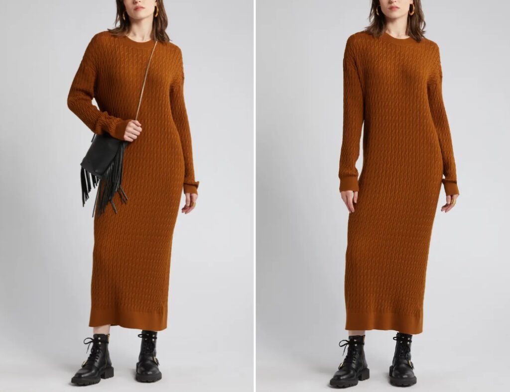 Cable Stitch Long Sleeve Midi Sweater Dress