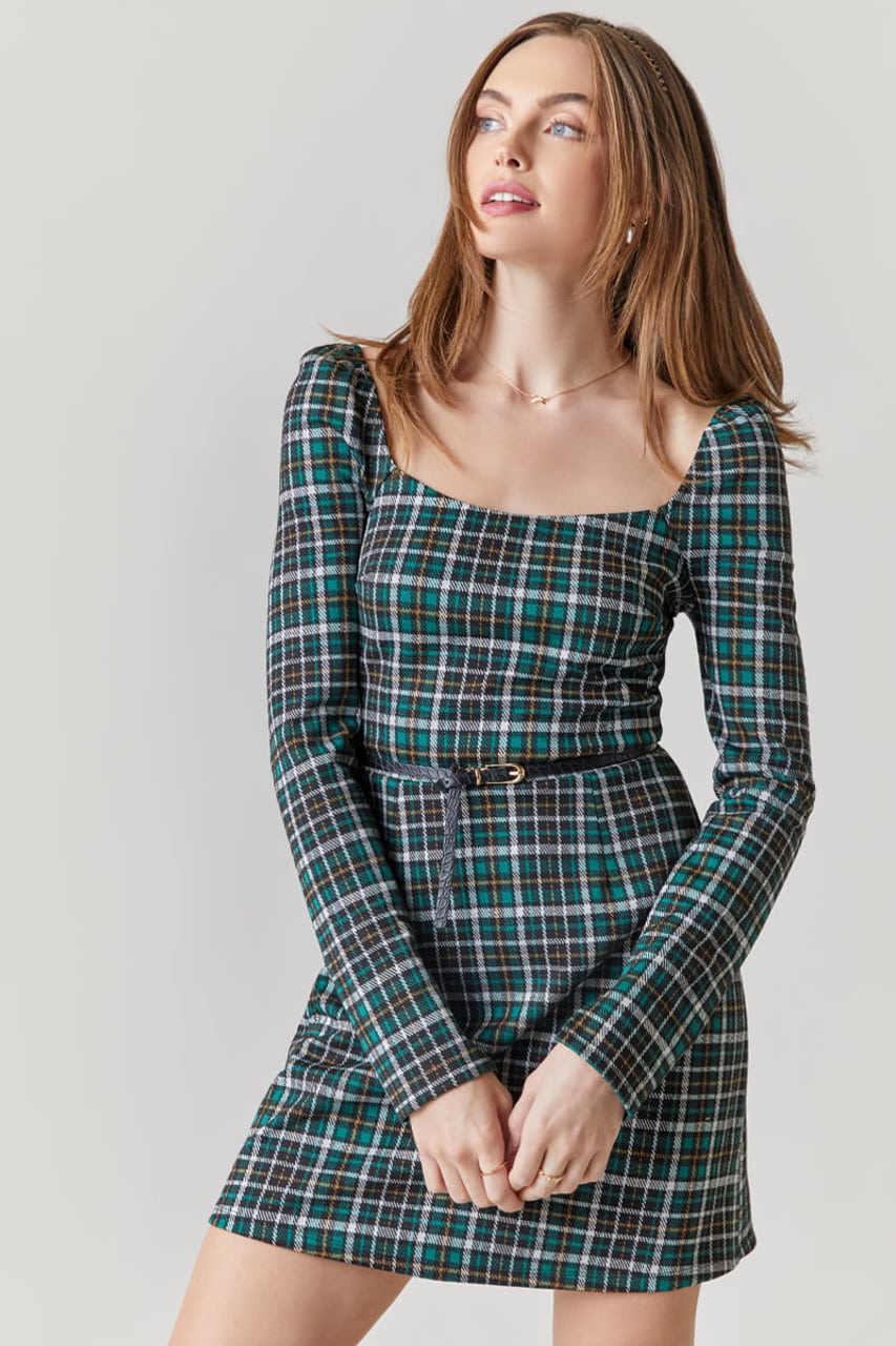 Iris Waisted Plaid Dress in Green, mini dress