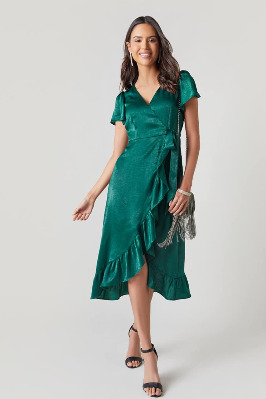 Emerson Satin Wrap Dress in Hunter Green