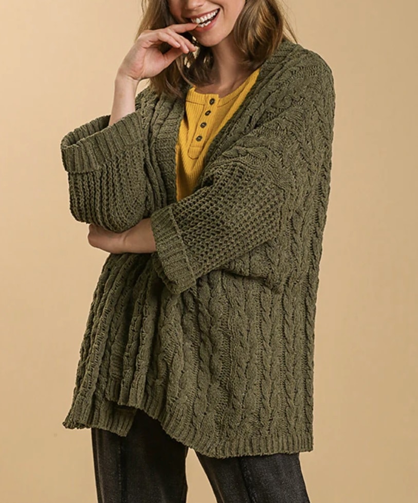 UMGEE U.S.A. | Olive Cable-Knit Cuff-Sleeve Open Cardigan - Women