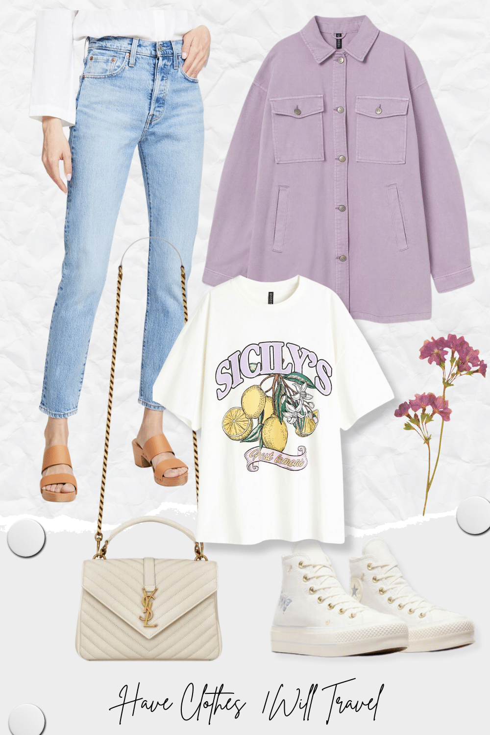 Casual Day Out Look featuring a purple shacket and lightwash jeans paired with a graphic white tee and cream YSL Loulou bag