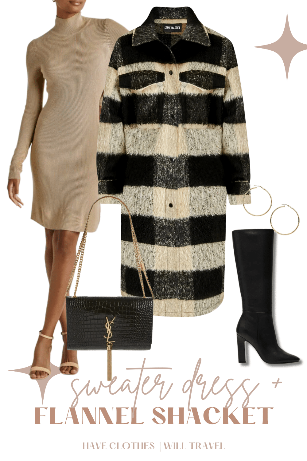 Layered Sweater Dress outfit with knee high black boots for fall