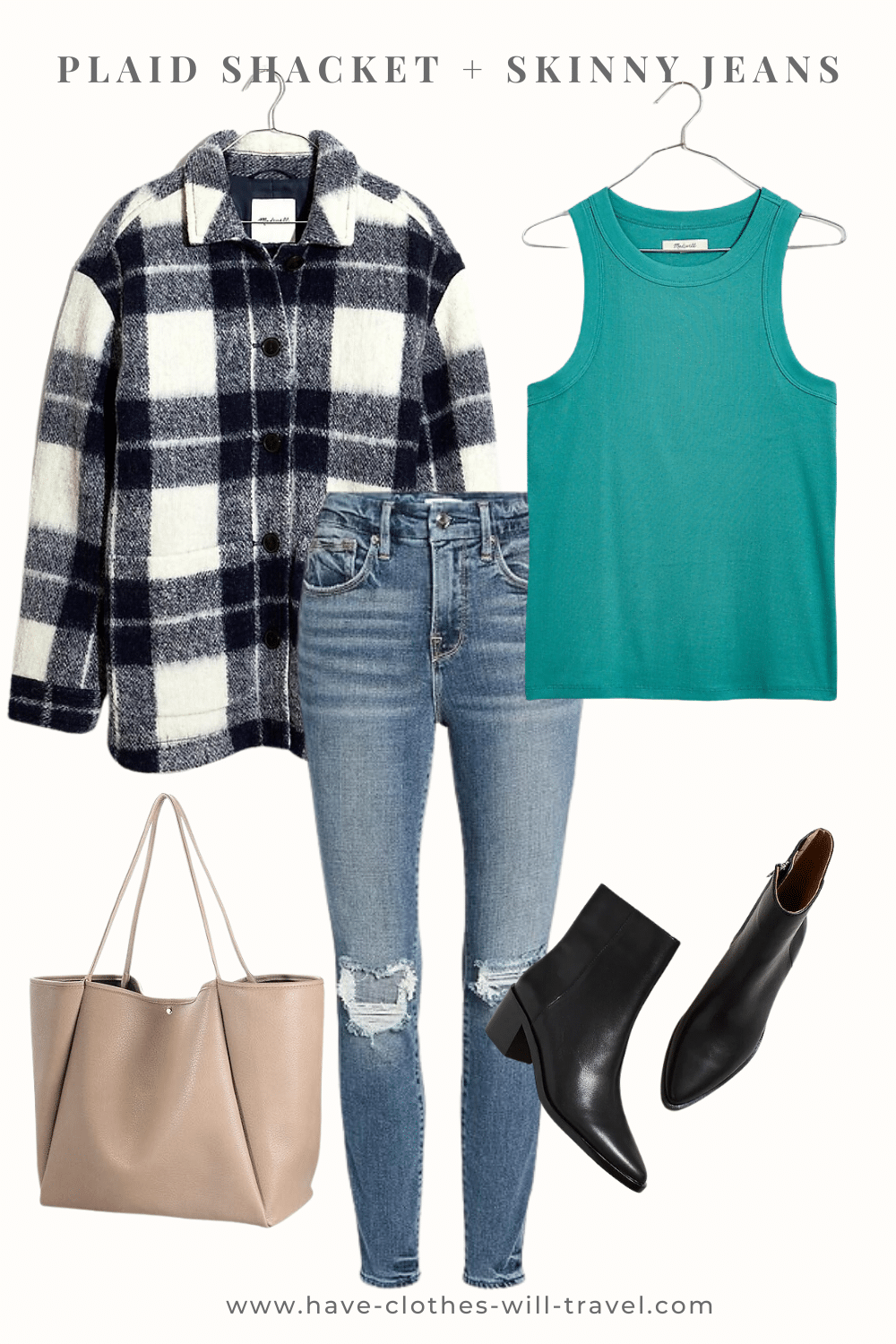 Plaid Shacket with Skinny Jeans and green tank top and tan bag