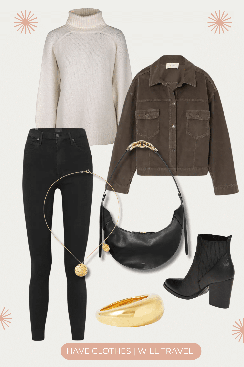 A shacket outfit featuring a white turtle neck, black skinny leggings with ankle boots and a black and gold hobo handbag