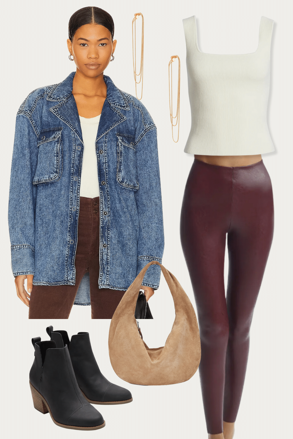 Faux leather leggings in merlot paired with a denim shacket and cream tank top