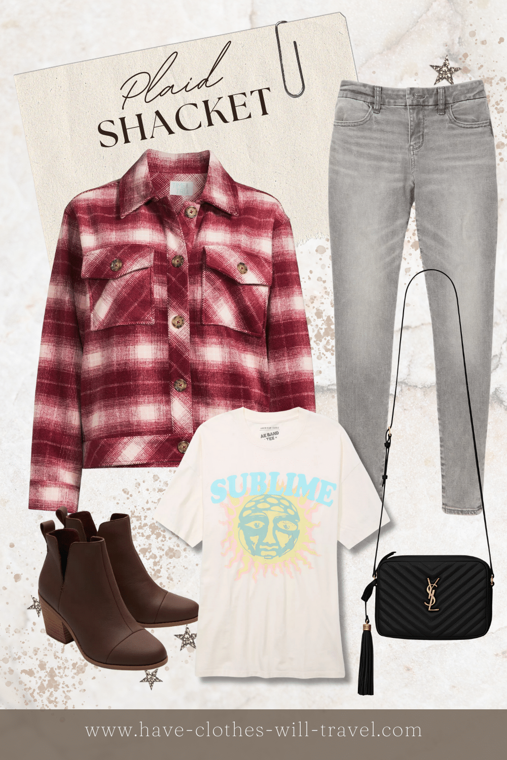 A plaid shacket outfit featuring grey jeans and a white tee plus a black YSL crossbody bag