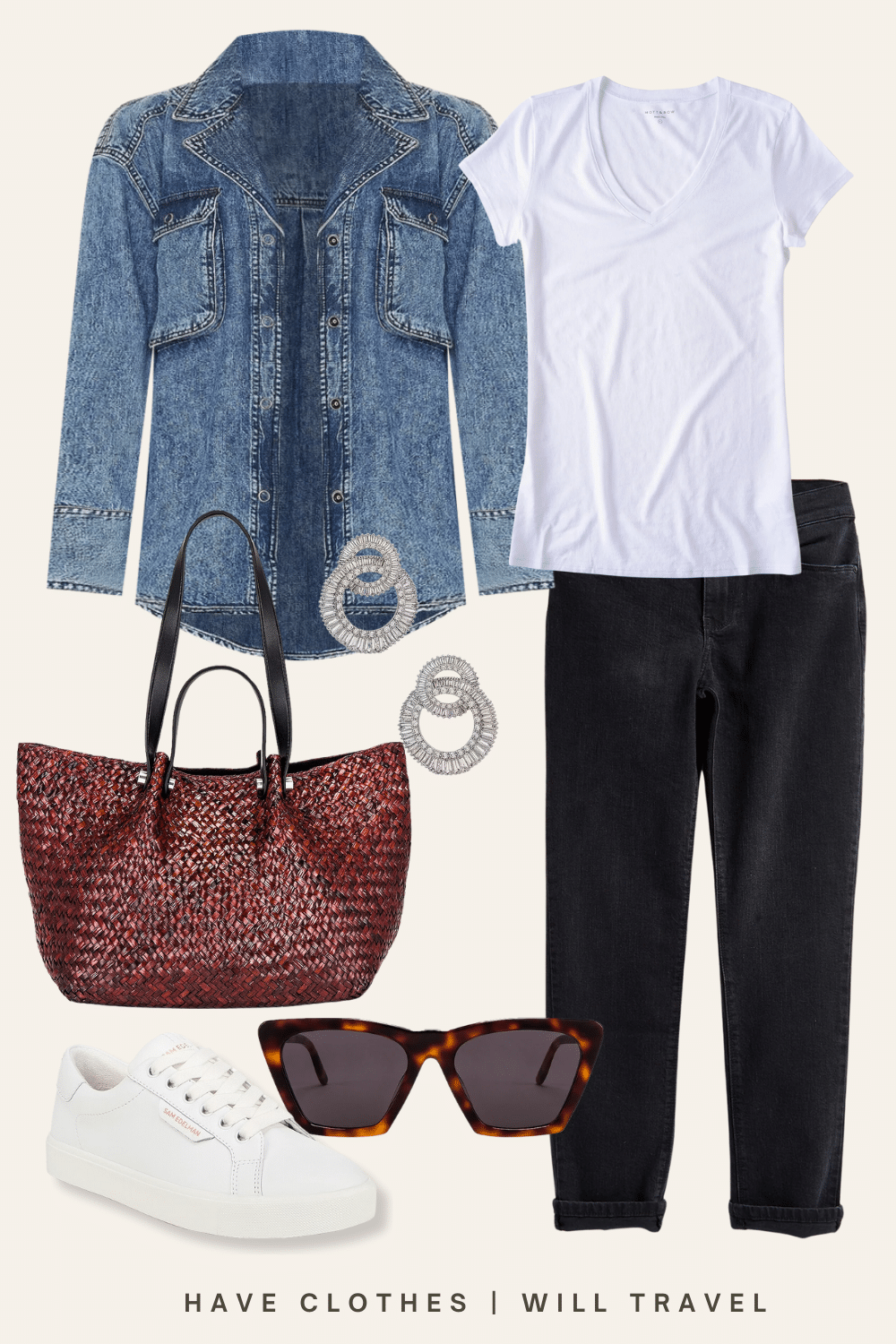 Summer Chic with Denim Shacket featuring a white t shirt and black pants