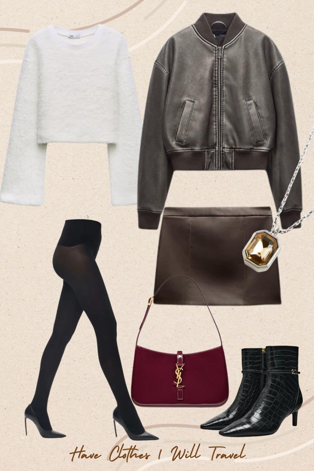 A date night outfit featuringa white sweater, leather mini skirt, black tights, and leather ankle boots