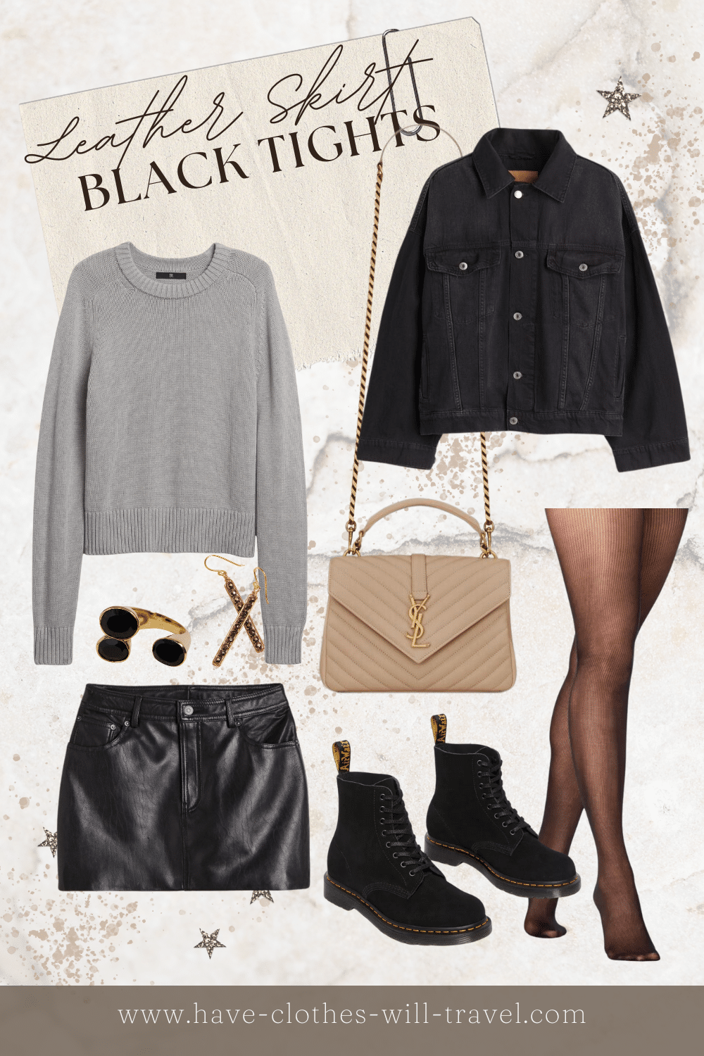 A black leather skirt outfit for winter featuring an oversized jacket and grey sweater
