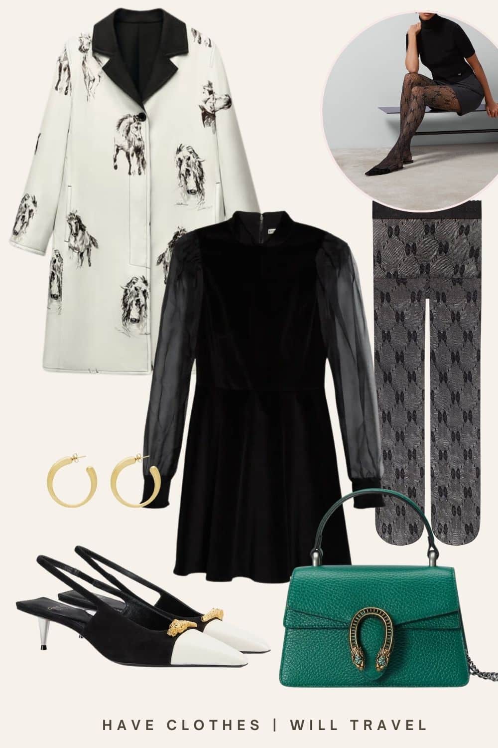 A black dress outfit featuring a white coat, patterned tights, sling back heels and green Gucci bag
