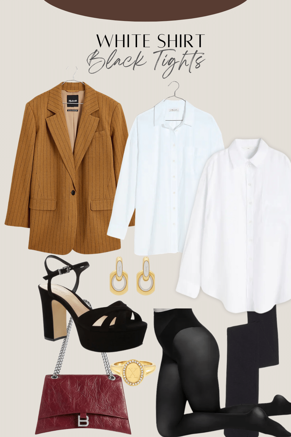 White blouse and black tights outfit featuring a tan oversized blazer and black heels