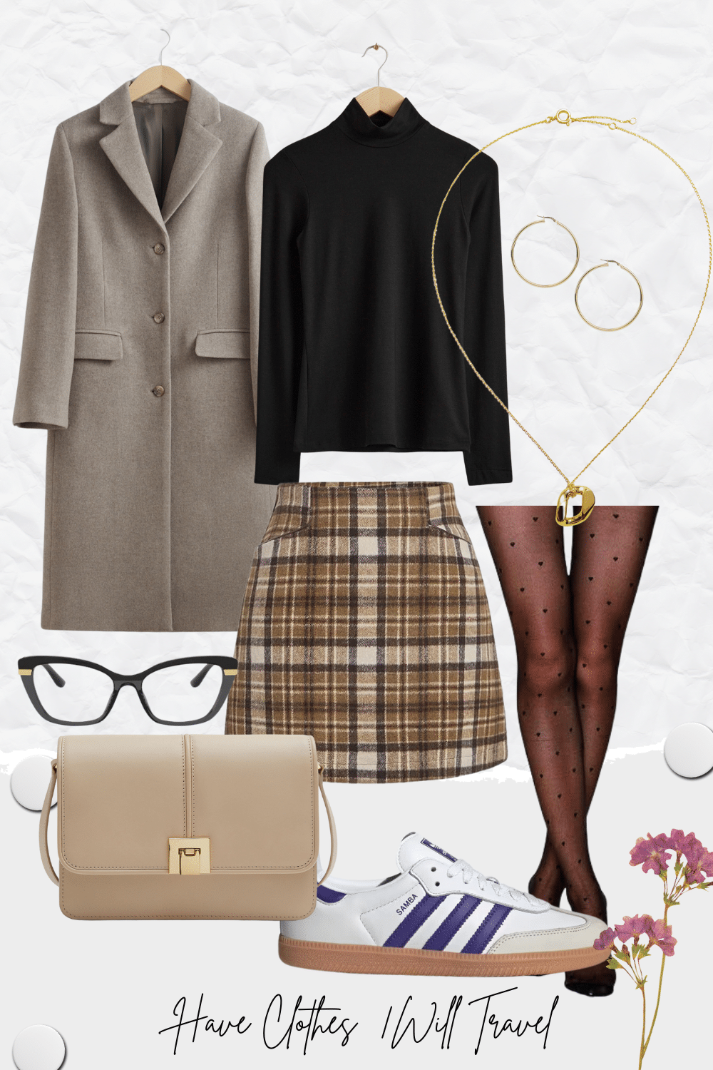 A fun mini skirt and black tights outfit featuring sneakers and eyeglasses