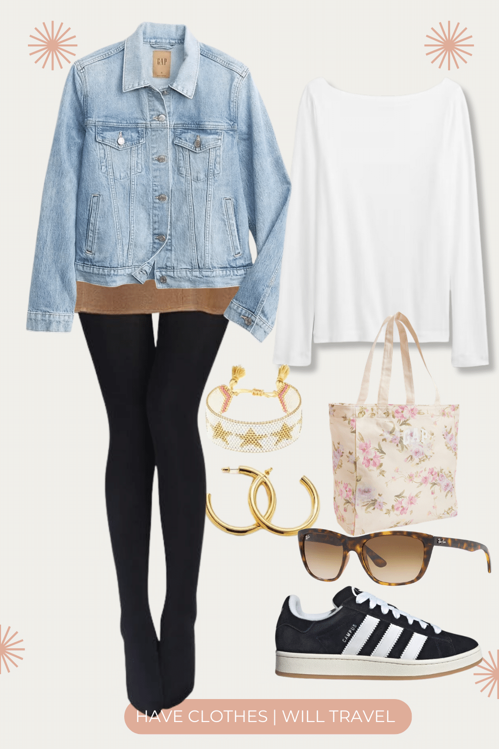 A black tights outfit idea featuring a jean jacket, sneakers and long shirt