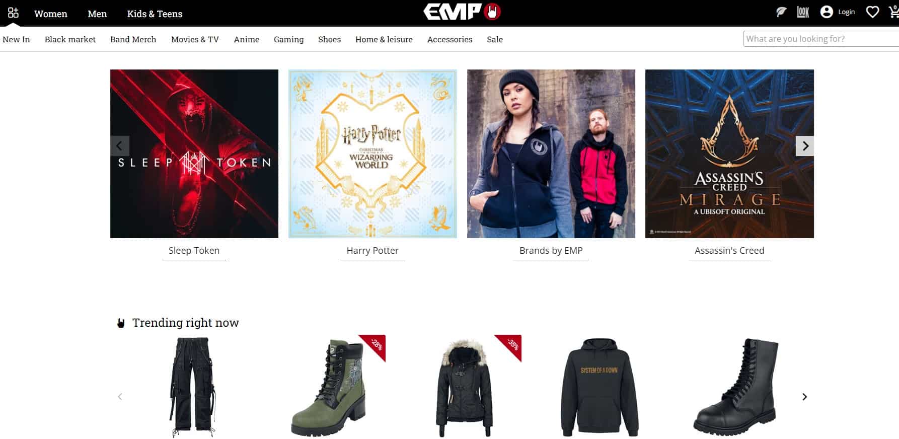 EMP home page featuring Assassins' Creed merchandise 