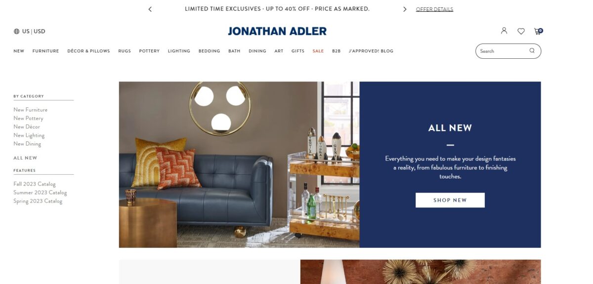 Jonathan Adler website featuring new funky furniture and drink cart