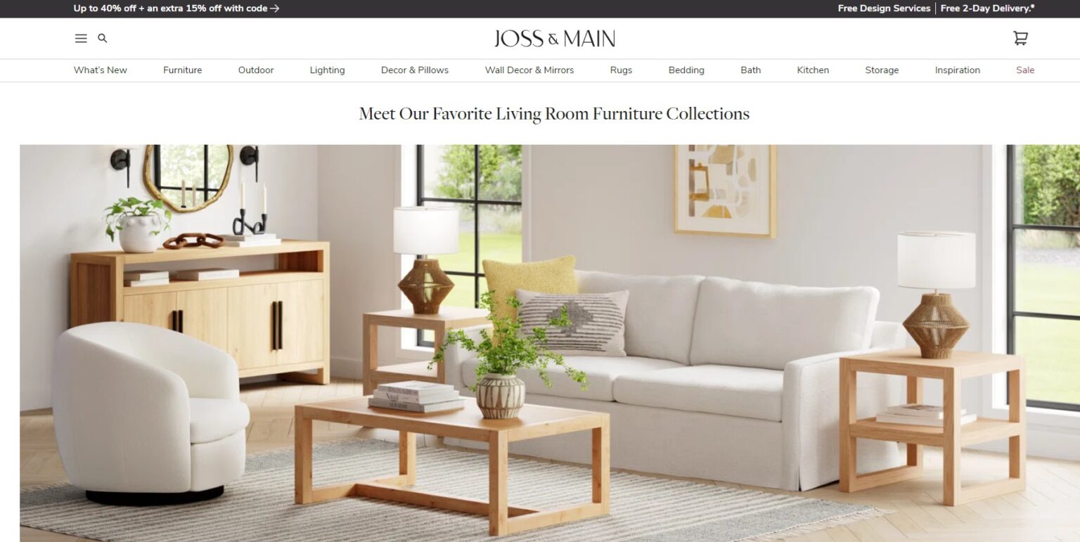 Joss & Main living room edit web page featuring light colored furniture and rugs