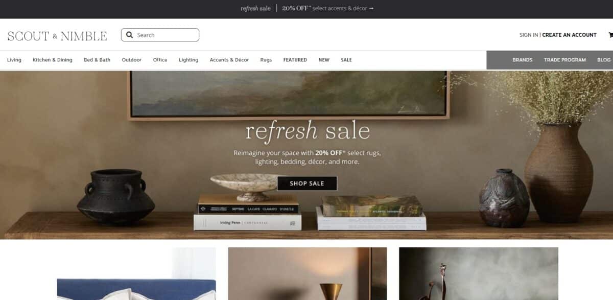 Scout & Nimble website feauturing a 20% off sale event as well as moody colored home decor