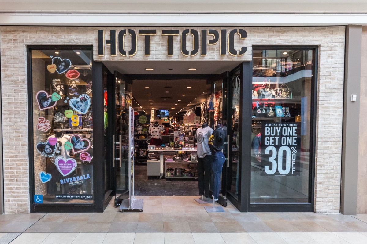 Toronto, Canada - February 7, 2018: Hot Topic store front in the Fairview Mall in Toronto, an American retail chain specializing in counterculture-related clothing and accessories and licensed music