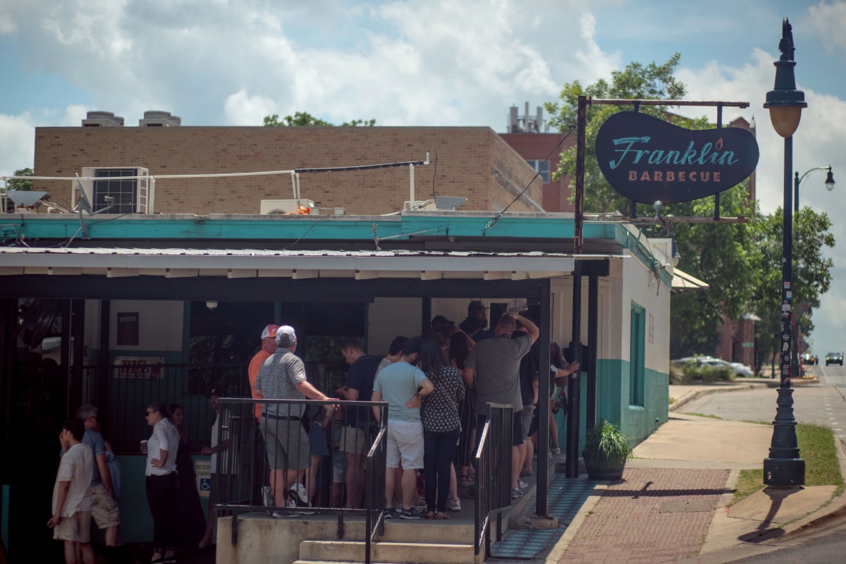Austin, Texas - May 26 2019: a line forms outside of Franklin Barbecue