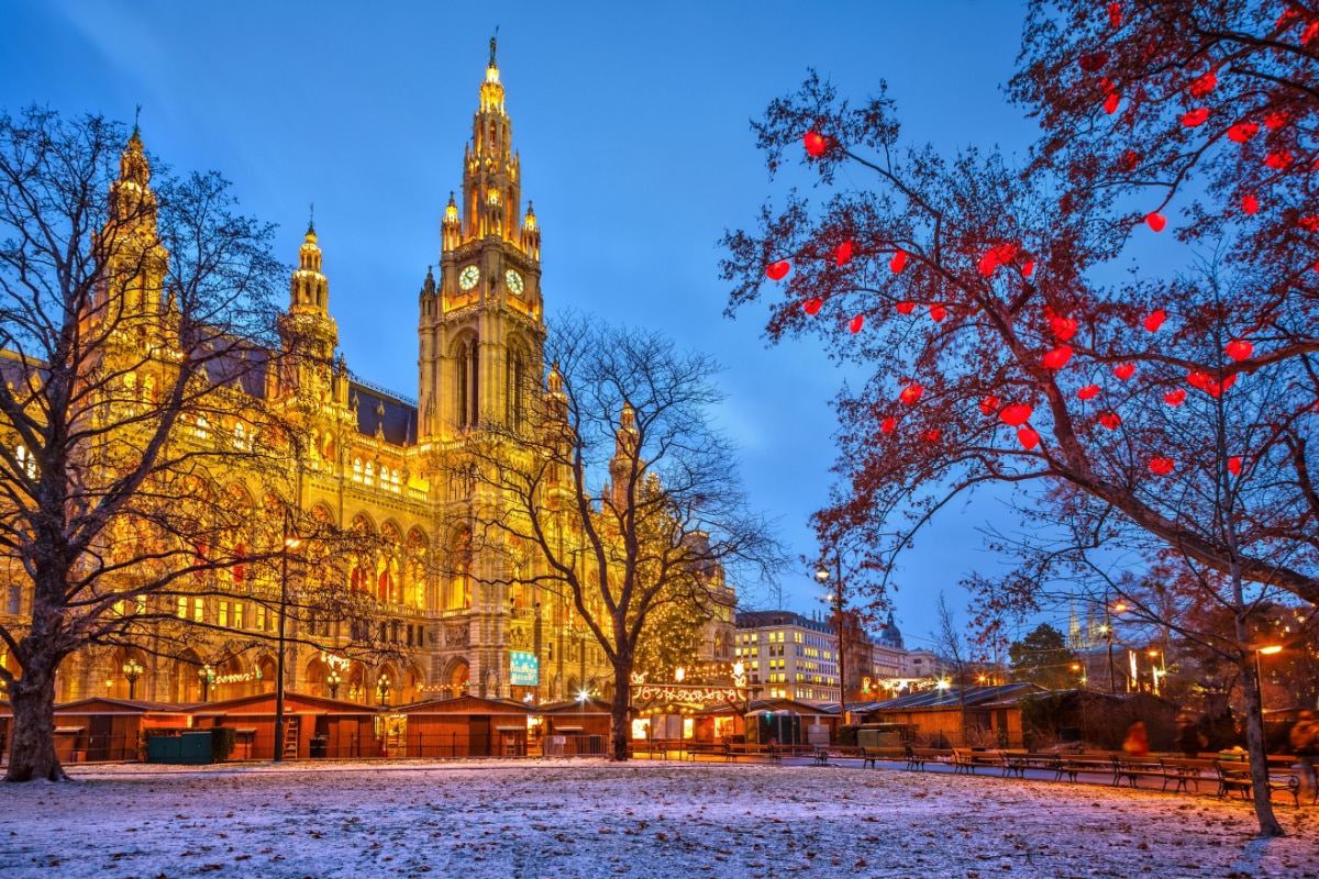 Vienna Town Hall at dusk during winter