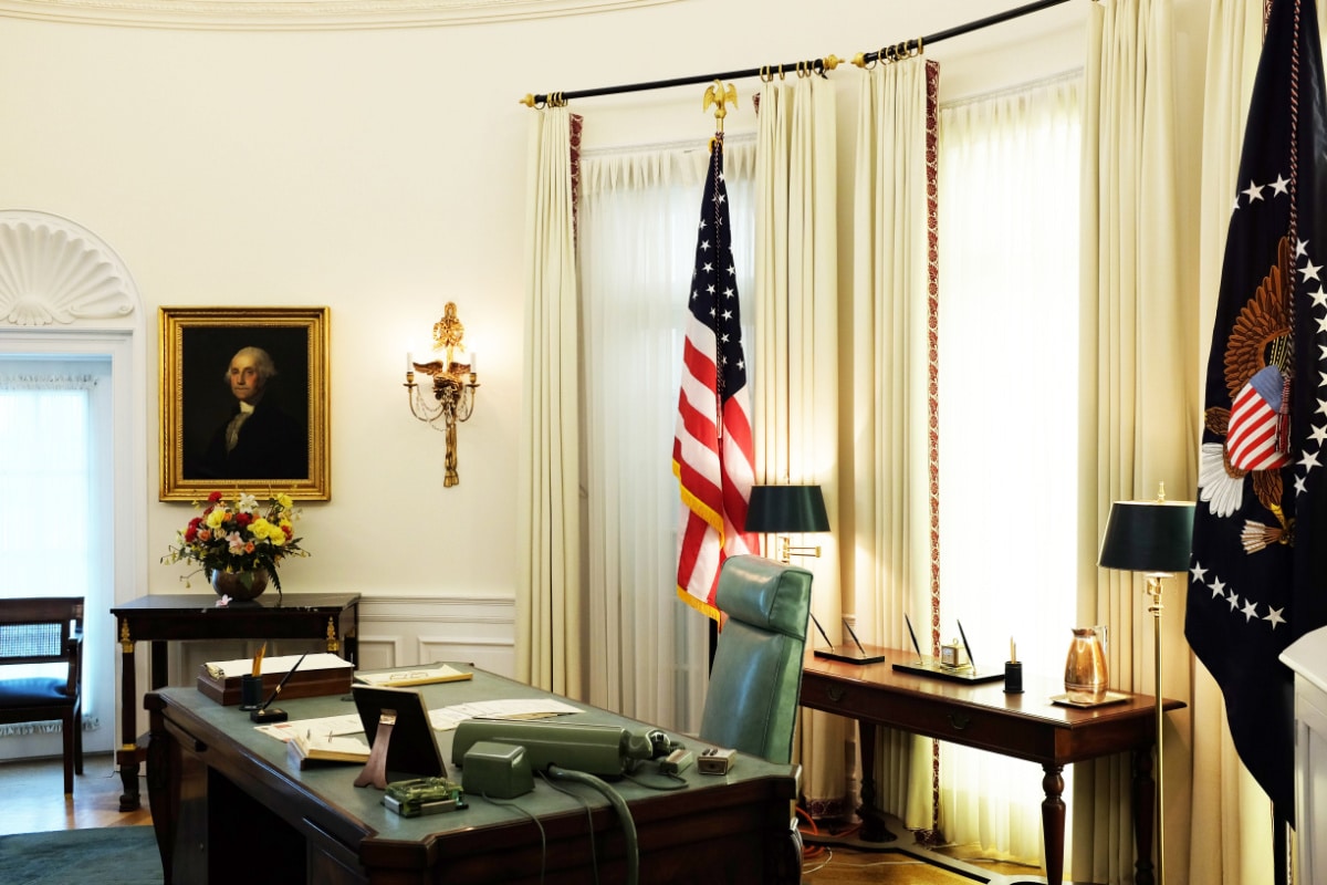 AUSTIN, TEXAS - 22 MAY 2017: Presidents Desk closeup in the Oval Office replica at the Lyndon B. Johnson Presidential Library at the University of Texas at Austin.