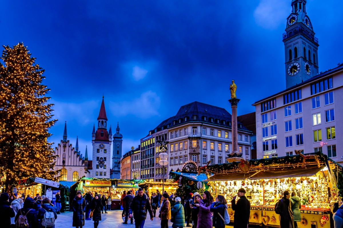 Munich, Germany - November 30: typical sales booth at the annual christmas market in the old town of Munich on November 30, 2022