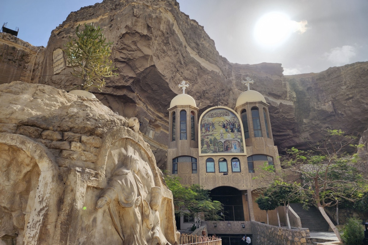 Cairo, Egypt - 2 February 2023: Beautiful unique and historical cave catholic church Saint Simon the Tanner as tourist landmark in Mokattam, Cairo.