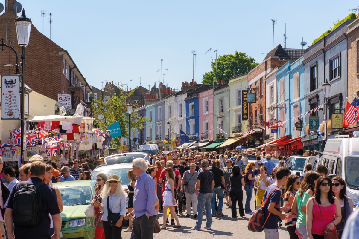 London, United Kingdom - May 26, 2012 : street view of Portobello Market in Notting Hill, London. Its is the world's largest antiques market with over 1,000 dealers.
