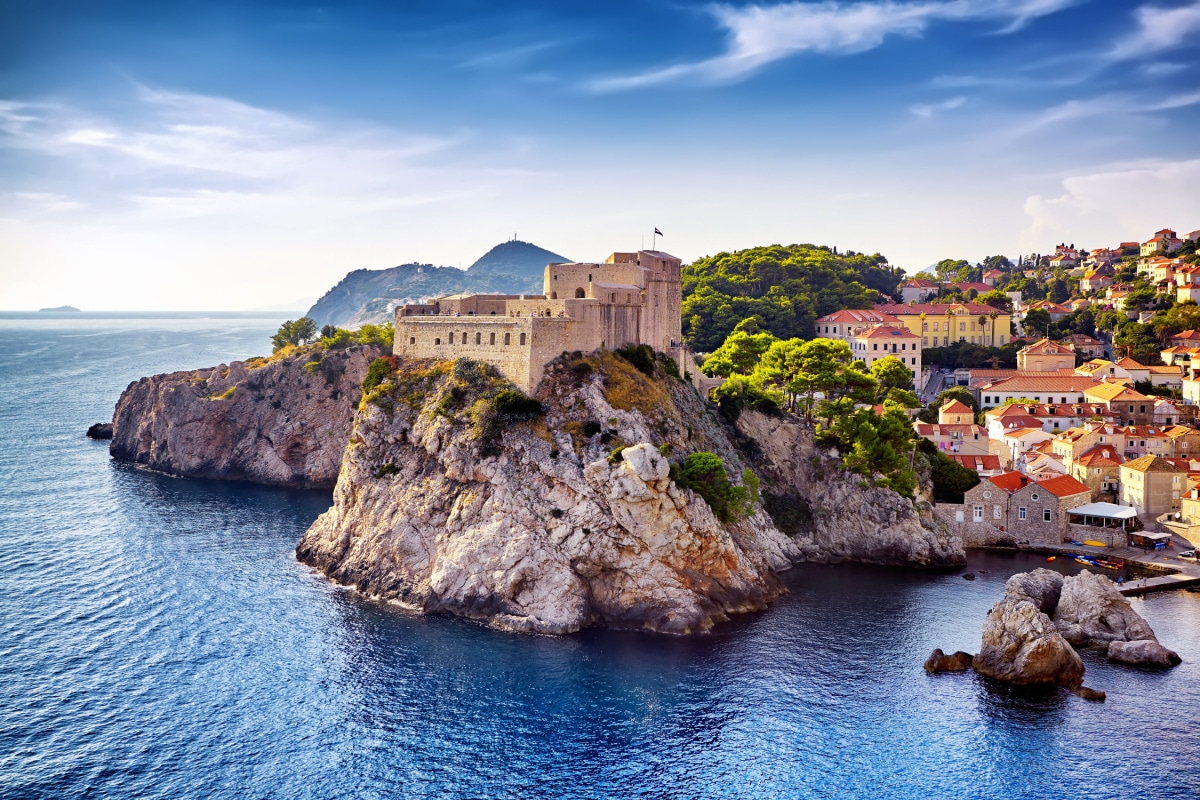 The General view of Dubrovnik - Fortresses Lovrijenac and Bokar seen from south old walls a. Croatia. South Dalmatia.