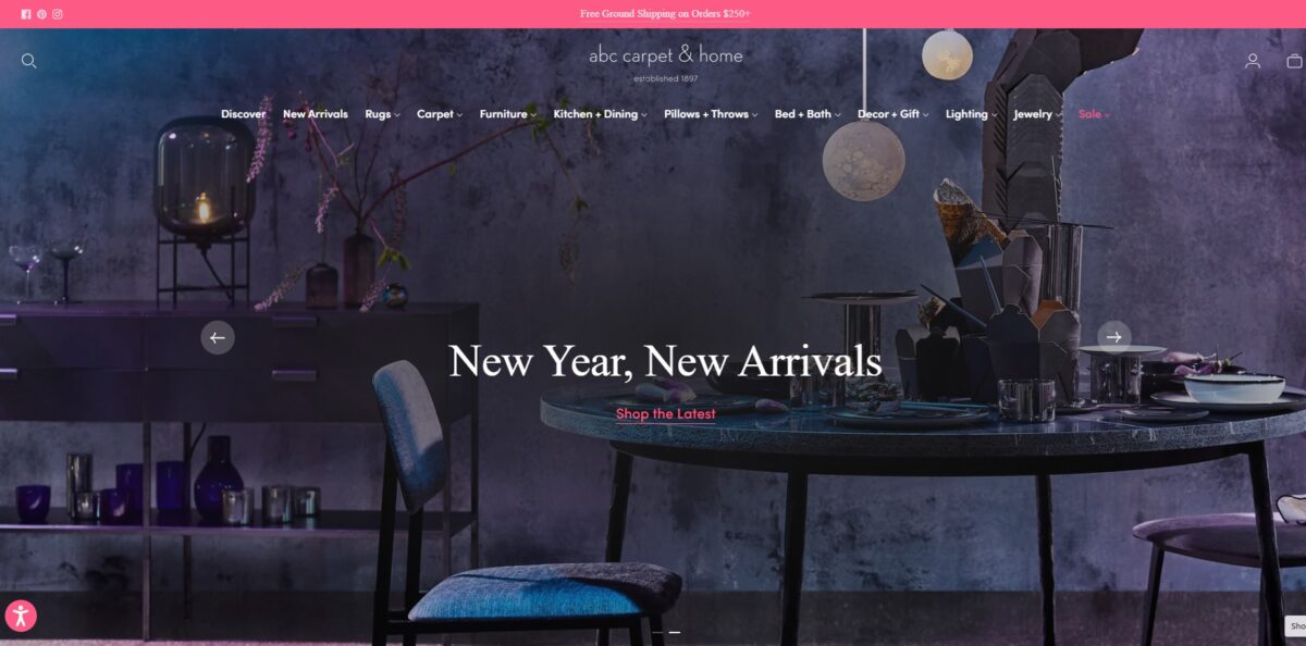 abc carpet and home website with new year, new arrivals ad