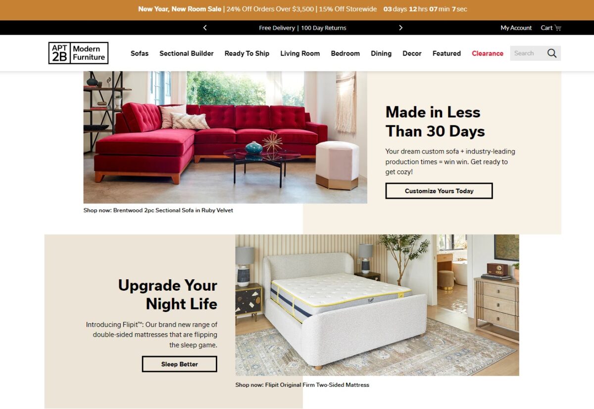 https://www.apt2b.com/ home page featuring a red sofa
