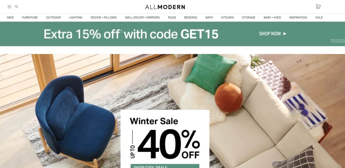 all modern home page featuring a 40% off winter sale event