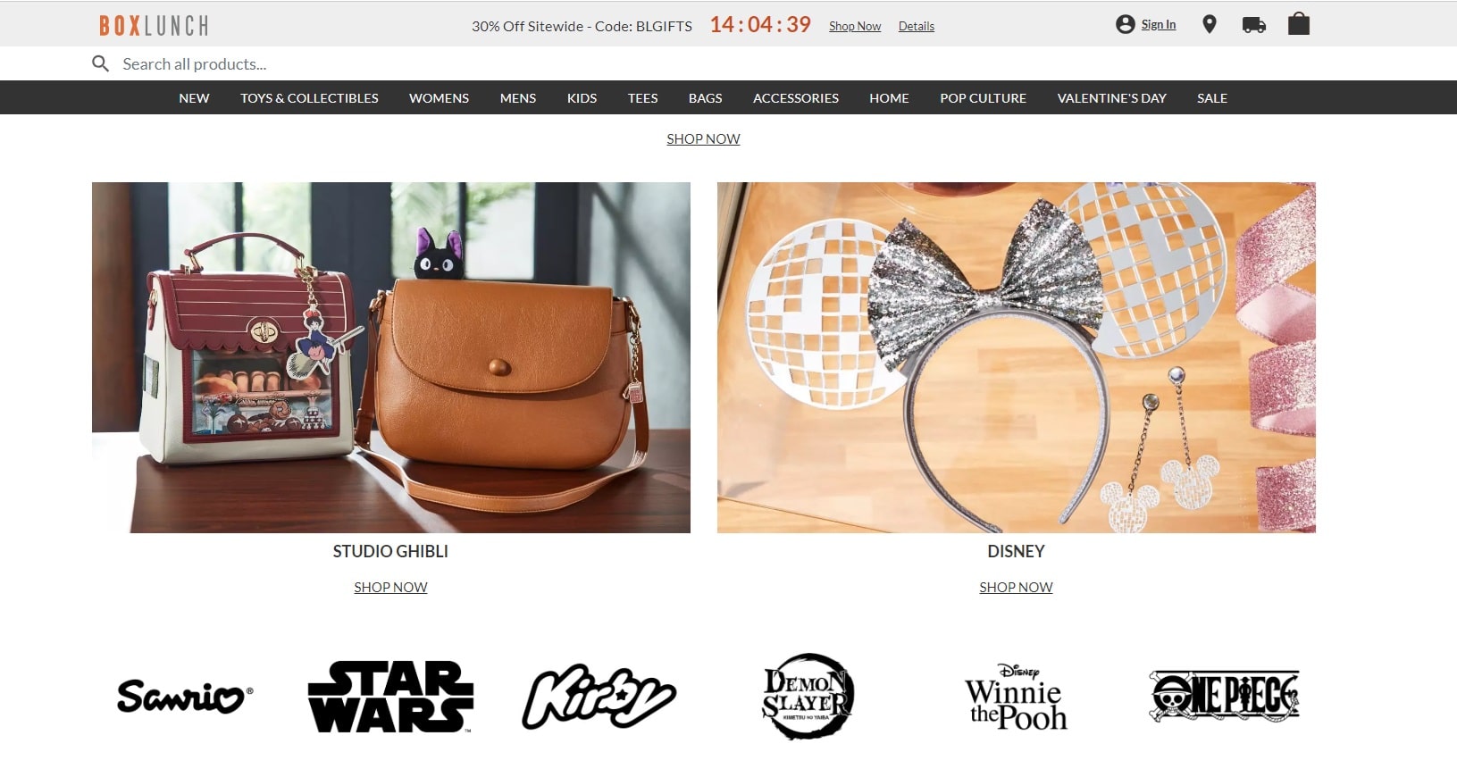 The boxlunch homepage featuring purses and a headband with a bow