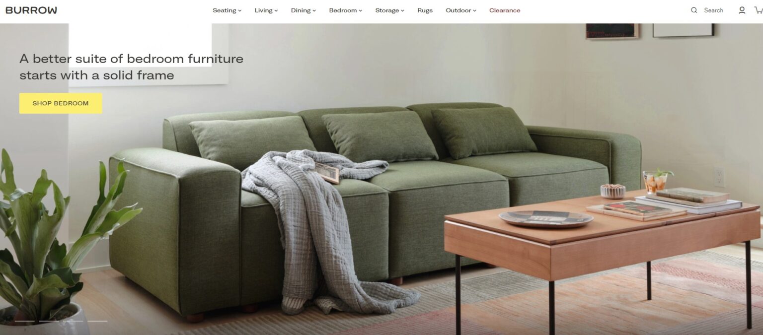 Burrow home page featuring a green colored couch