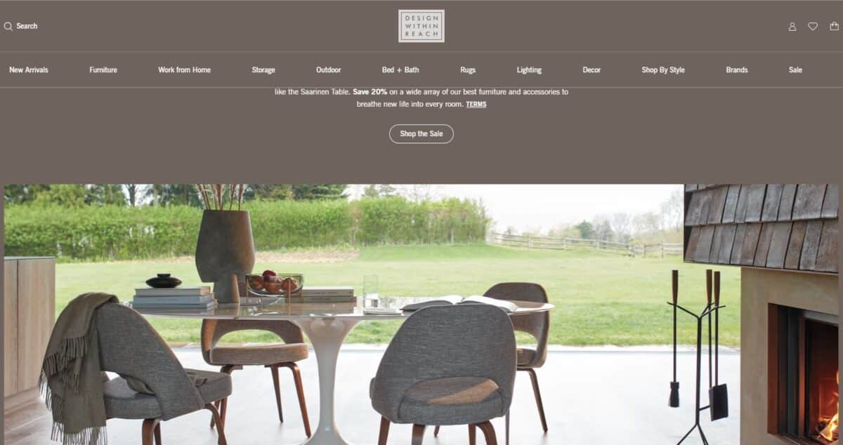 Design with in reach home page featuring an outdoor living space with chairs and a fireplace 