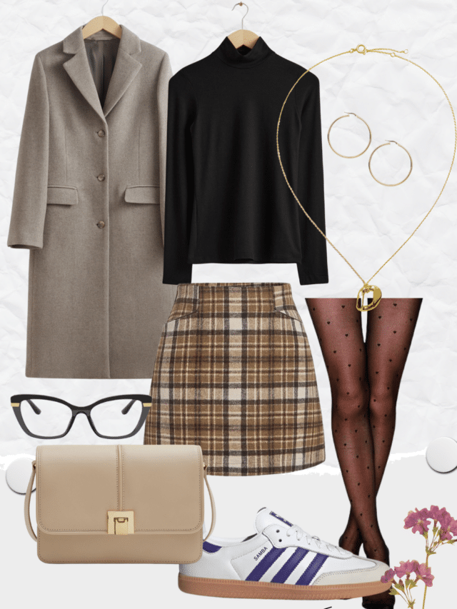 A fun mini skirt and black tights outfit featuring sneakers and eyeglasses