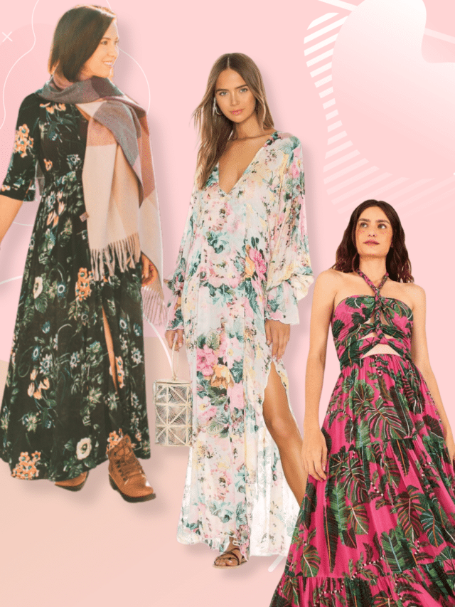 Three models wearing flowy and chic boho-themed dresses in pink background