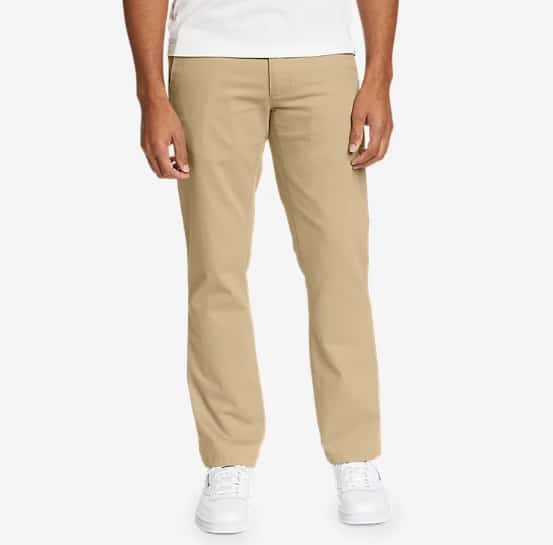 Men's Flex Wrinkle-Resistant Sport Chinos in khaki with a white shirt and sneaker