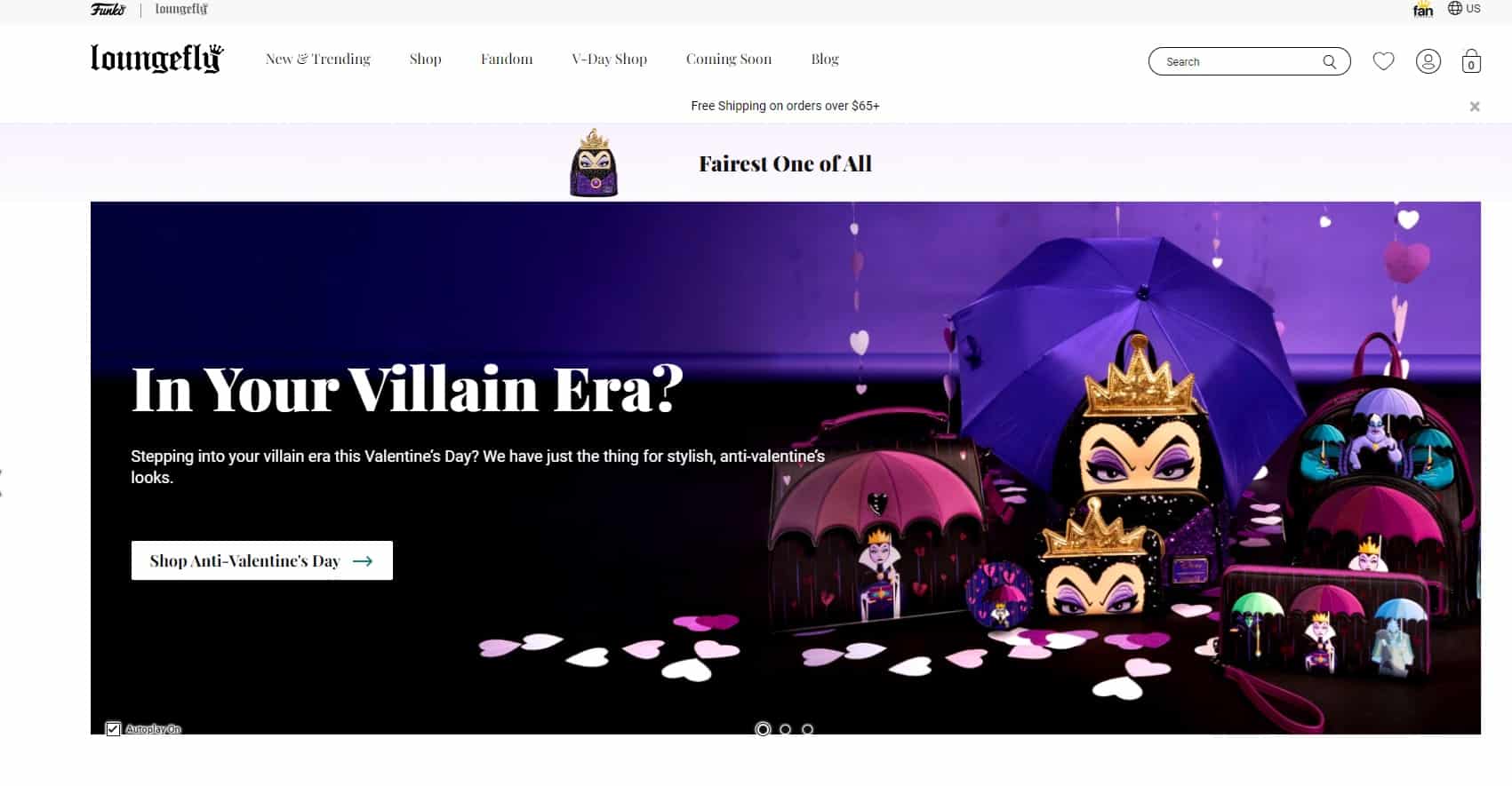 loungefly home page featuring an Anti Valentine's Day campaign with Disney villains