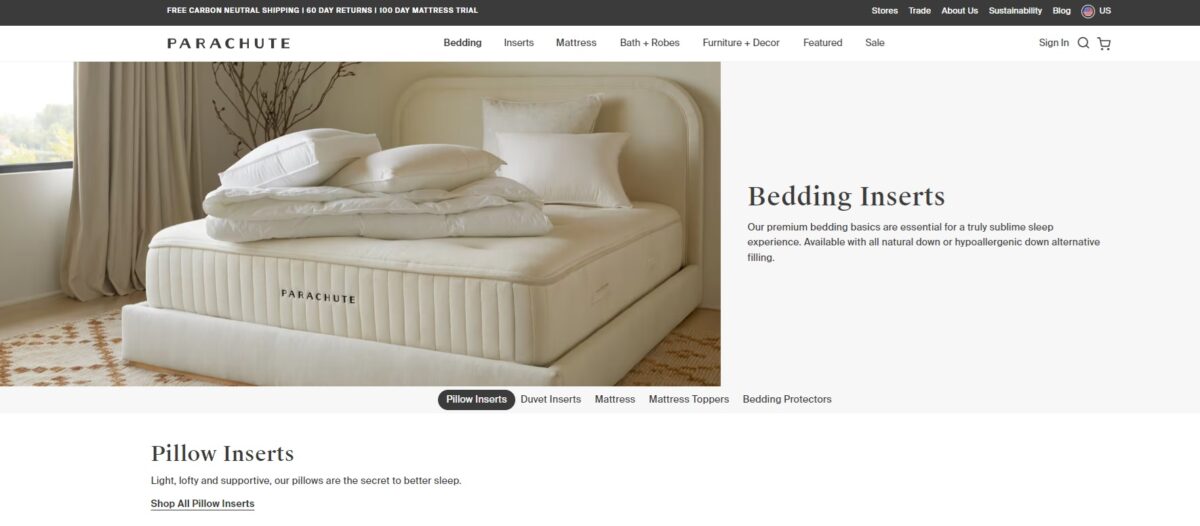 parachute website with bedding inserts