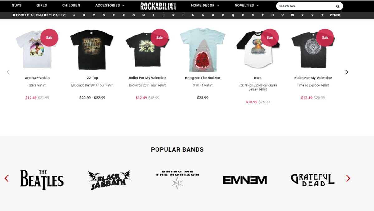 rockabilia home page featured a variety of band tees