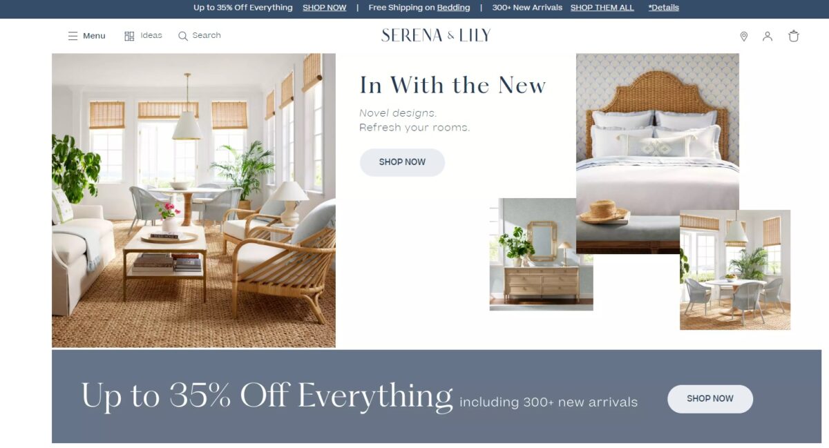 Serena and Lily home page featuring neutral colored living room and bed room furniture