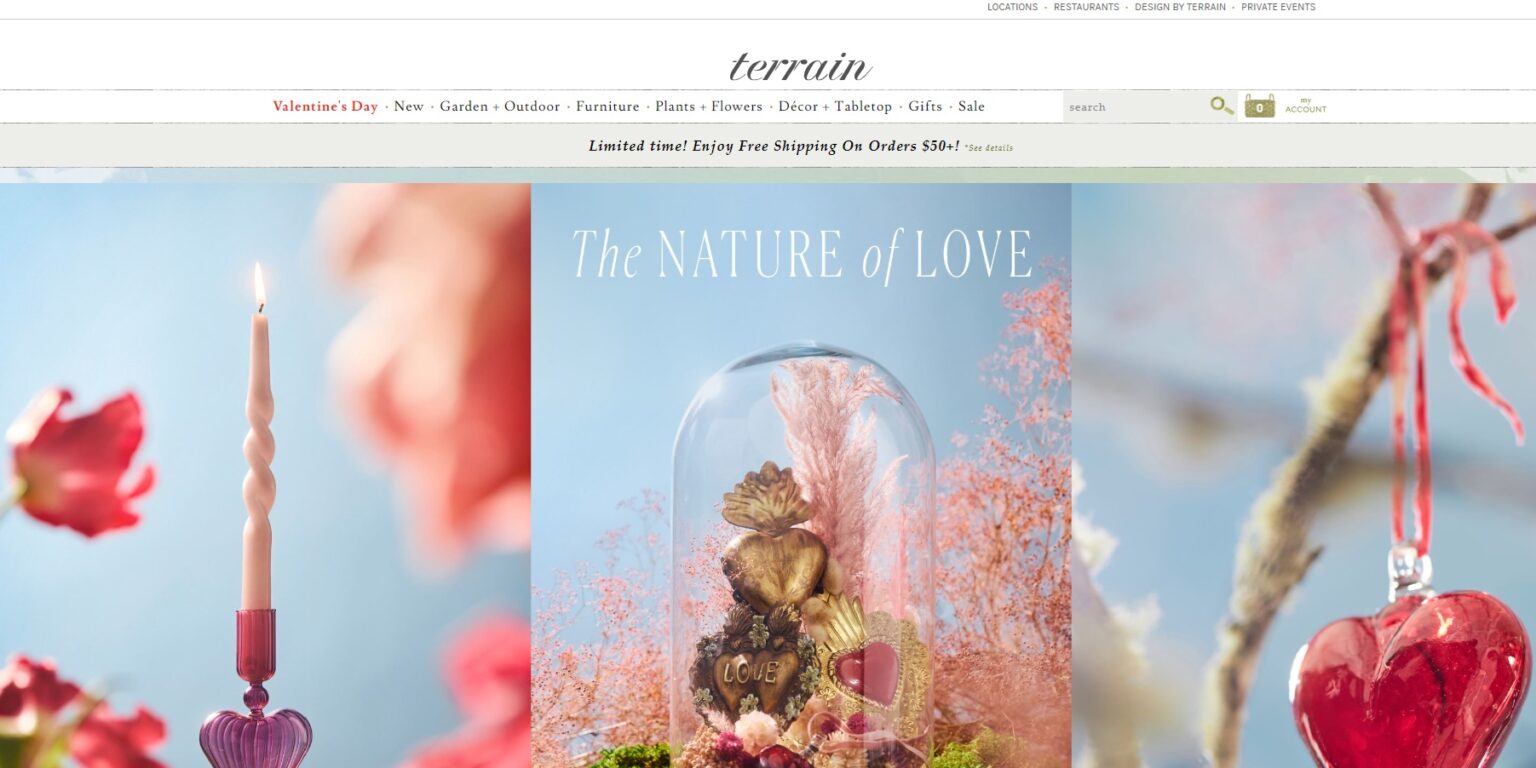 terrain home page featuring candles and Valentine's Day Decor