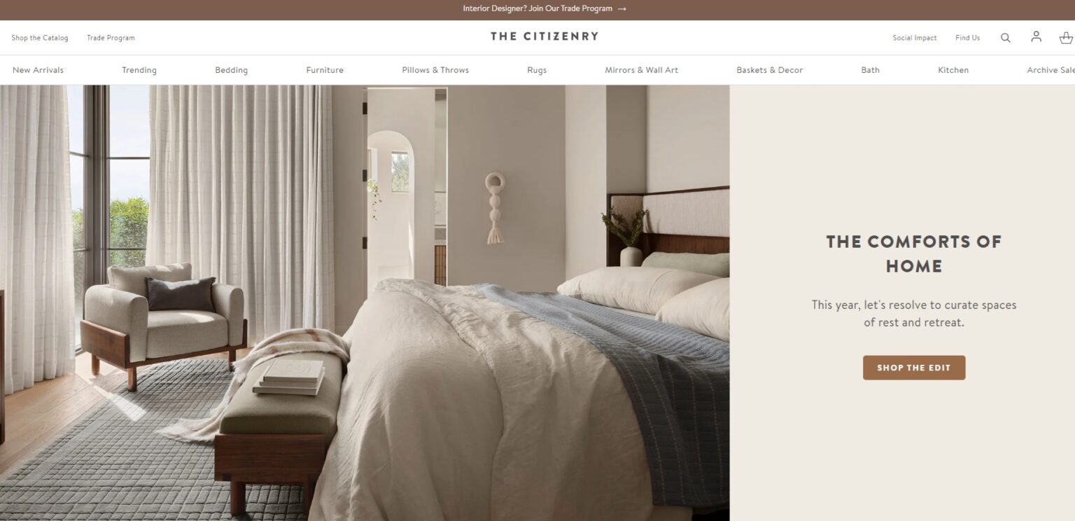 The Citizenry home page featuring a neutral colored bedroom