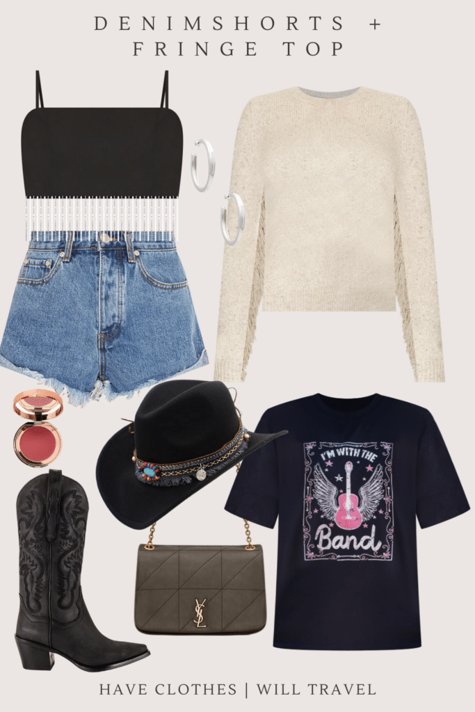 Collaged photo of a country concert outfit ensemble for women including a denim shorts, fringe top, black band tee, cowboy boots, cowboy hat, and accessories