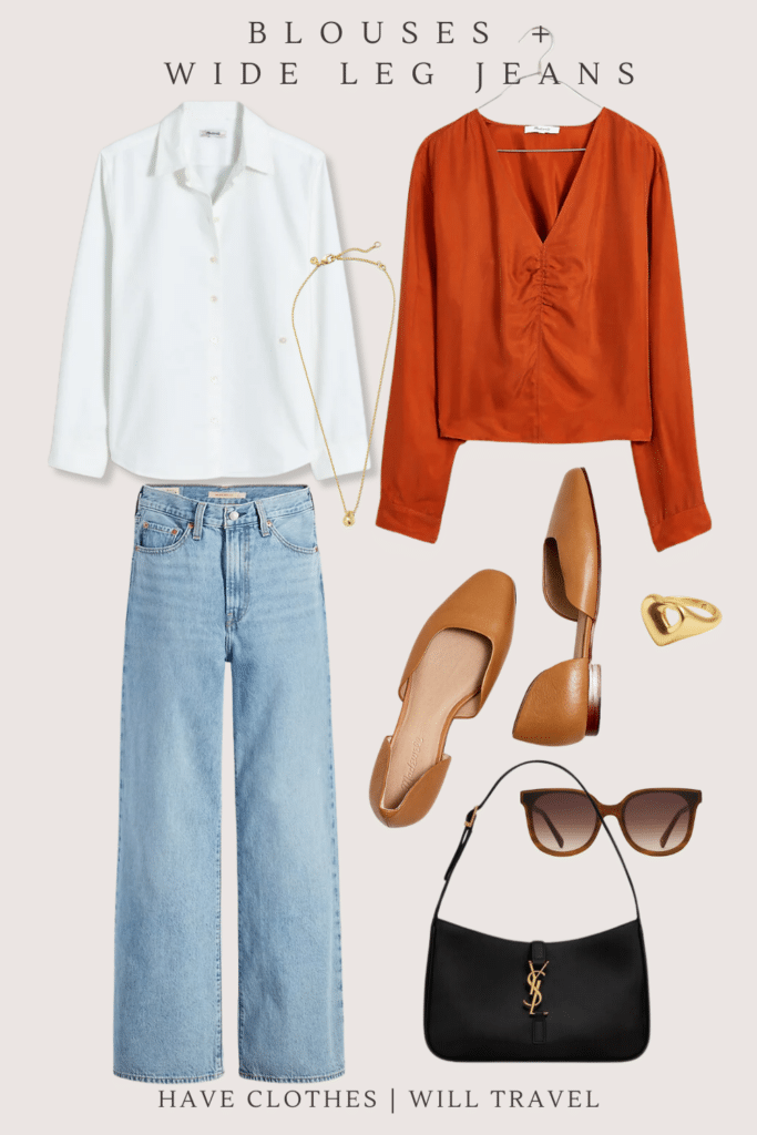 Collaged photo of clothing items showing how to style wide leg jeans including a ruched orange top, white button down shirt, brown flats, and accessories