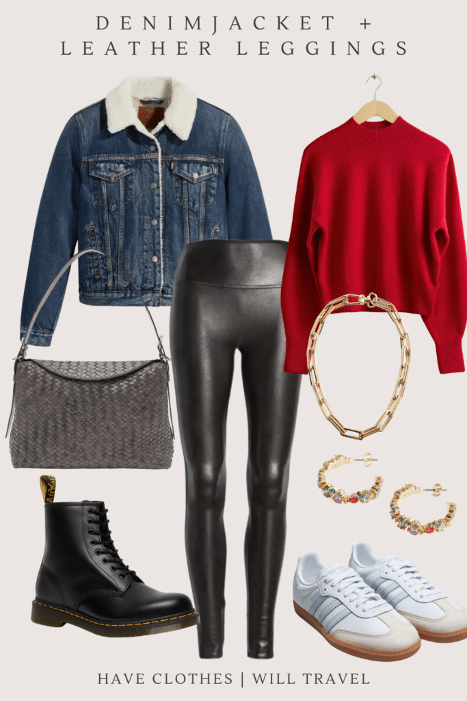 A collage featuring a denim truck jacket, red sweater, faux leather leggings and accessories 